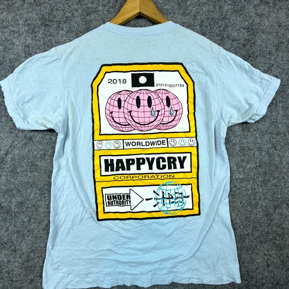 Happy Cry Corporation T-Shirt Mens Medium Light Blue Graphic Eclectic Unique‎